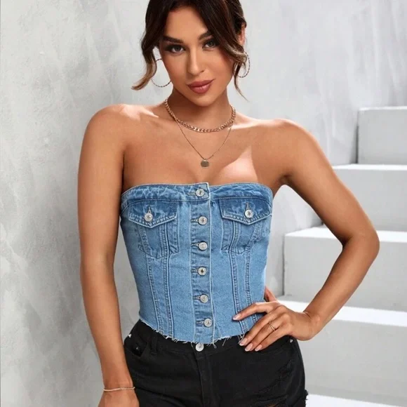 Stylish Blue Denim Corset Top - Picture 3 of 6